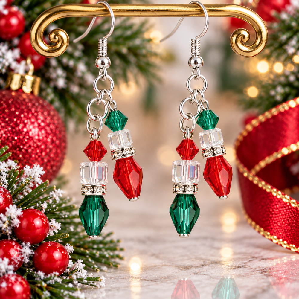 Handmade Christmas Red Green Crystal Beaded Dangle Earrings Holiday Jewelry #C45